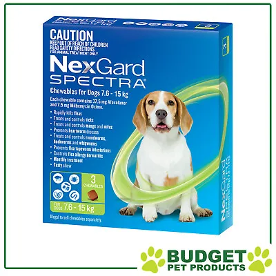 NexGard Spectra Chewables For Medium Dogs Green 7.6-15kg 3 Pack • $67.99