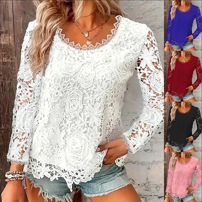 Women's Casual Lace Long Sleeve Tops Ladies Summer Tee Blouse Plus Size T-shirts • £15.59