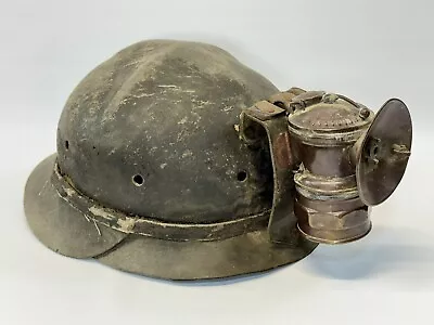 Vintage “Safety” Coal MINERS HARD HAT Helmet With Auto Lite Lantern Lamp • $103.50