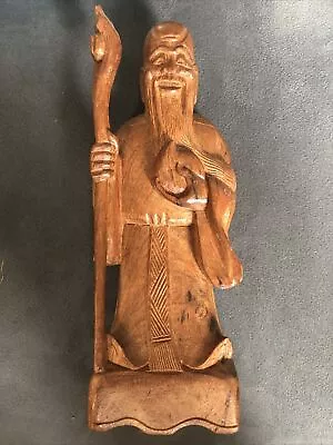 Chinese / Japanese Man Carved Figure With Staff Ornate Wooden 7 Inch Large Stick • £15