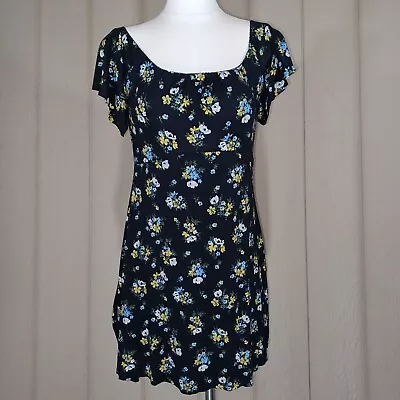 Miss Selfridge Dress Womens 8 Black Flowers Flirty Peasant Style Neck Missy EUC • $10