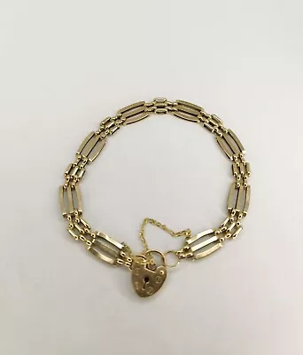 9ct Gold 375 Stamped 3 Bar Gate Bracelet With Heart Clasp And Safety Chain 9g • £249.99