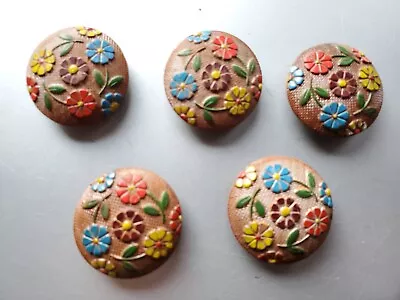Great Lot Of 5 Vintage Wood? Large Textured Buttons With Raised Flowers • $12