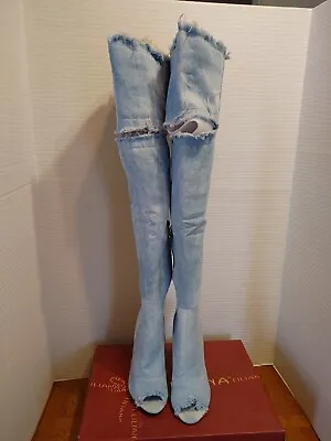 New Women Liliana Barbara-13 Frayed Denim Thigh High Peep Toe Stiletto Boot 5.5 • $35