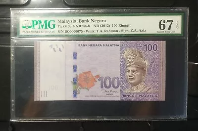 Malaysia Banknote Rm100 Pmg67epq Low Number Bq0000075 Zeti Gabenor • $118