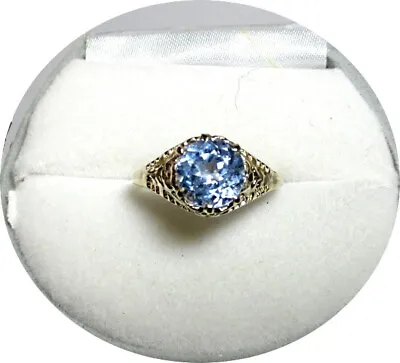 Blue AQUAMARINE Ring - Classic Blue Color - Art Deco 14k Yellow Gold Filigree Mt • $275