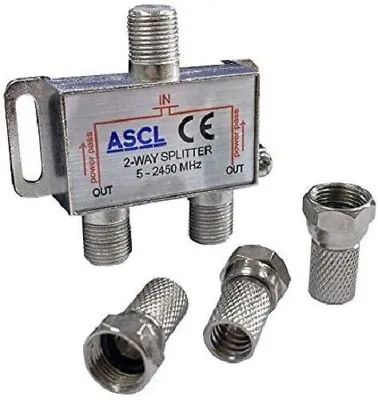 ASCL 1 In 2 Out TV Aerial Freeview Coaxial Cable Splitter + F Plug Connectors • £3.99