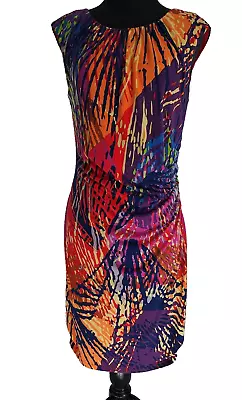 Ellen Tracy Woman Colorful Ruched Dress Size 10 Lining Stretch Back Zip No Slit • $31.99