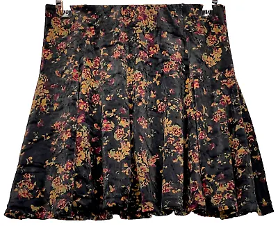 Frenchi Skirt Women's Small Skater Faux Velvet Black Gold Fig Green Floral • $11