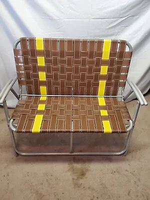 Vintage Webbed Folding MCM Aluminum Patio Bench Brown & Yellow • $54