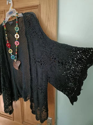£14 • Buy Topshop Black Cotton Granny Crochet Cardigan Kimono S Boho Hippie Festival 12