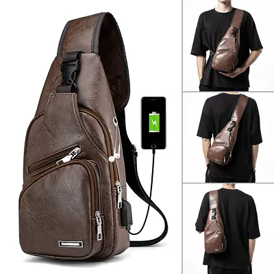 $7.19 • Buy Men Leather Sling Bag Chest Shoulder Crossbody Backpack USB Charging Port Travel