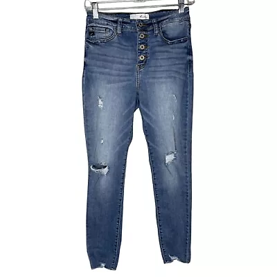 KanCan Jeans Womens 7 27  Blue Exposed Button Fly High Rise Skinny Destroyed • $23.92