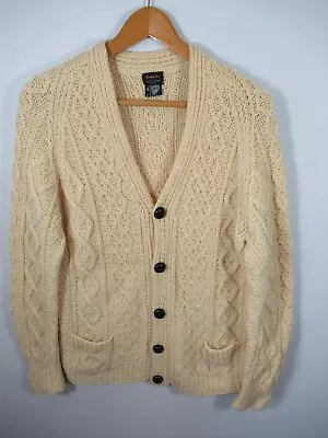 Vintage Irish Wool Cardigan Sweater Adult Ivory Fisherman Cable Knit Trumpeter • $44.99