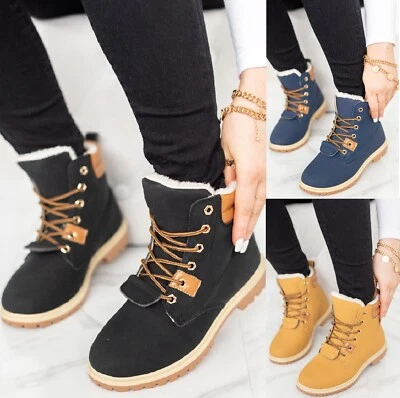 Ladies Flat Fur Lined Womens Grip Sole Winter Army Combat Ankle Boots Shoes Size • £14.95