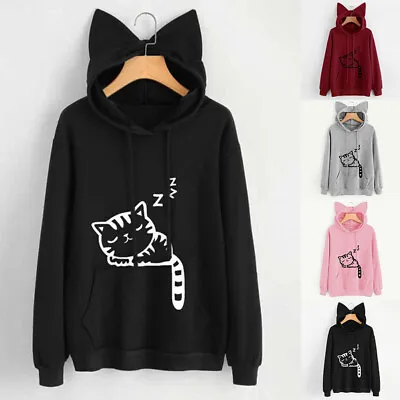 Womens Cute Girl Cat Ear Hoodie Sweatshirt Casual Long Sleeve Pullover Blouse • £10.89