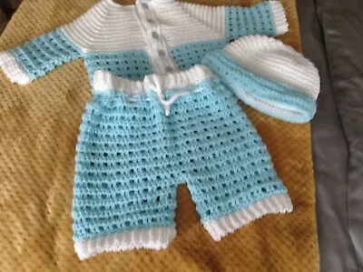 A New Hand Crochet Baby Boy Cardigan Trousers & Hat Set Blue & White 3 - 6 Mths • £7.50