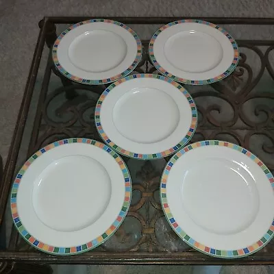 Set 5 Villeroy & Boch Twist Alea Caro Multicolored Squares ~ White Dinner Plates • $49.95