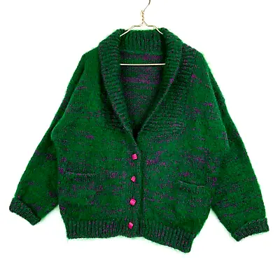 Vintage Women's Wool Knit Cardigan Sweater Large Grandma Green Shawl Collared • $38.24