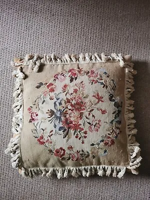 Vintage Needlepoint Beige Cushion W/ Pretty Pink Roses Tied With Blue Ribbon • £50