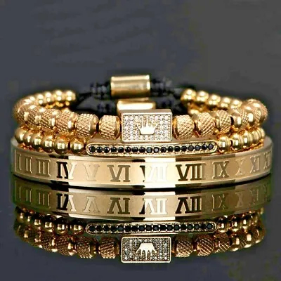 3Pcs/Set 14Kt Gold Filled Luxury Royal King Crown Roman Numeral Bangle Bracelets • $29.99