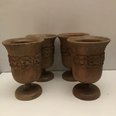 4 Vintage Carved Wooden Tiki Goblets Cup Made In Philippines - Wood Goblet • $34.99