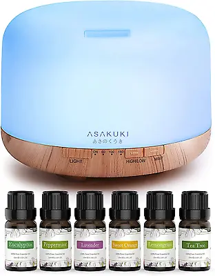 $68.50 • Buy ASAKUKI Essential Oil Diffuser 500ml Aromatherapy Diffuser With 6 Oils
