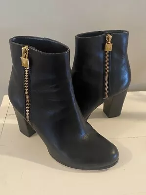 Michael Kors Black Suede Platform Ankle Boots W Gold MK Hardware - Size 8.5M • $40