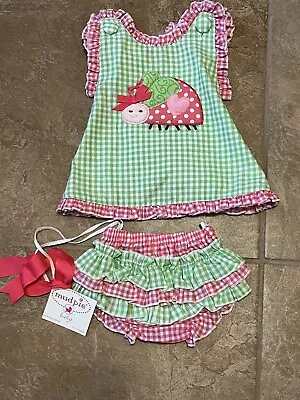 Baby Girl NWT Mud Pie 0-3 Months Green & Pink Ladybug Sun Dress With Bloomers • $24.99