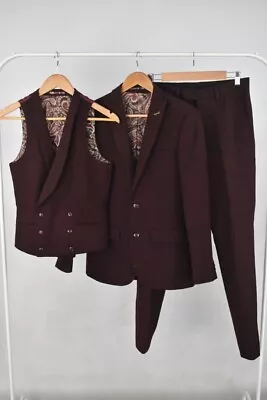 Mens MRK Burgundy Wool Blend 3 Piece Suit By Mark Slater • £29.99