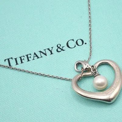 TIFFANY & CO. Necklace Pendant Open Heart Pearl Elsa Peretti Sterling Silver 925 • $132.99