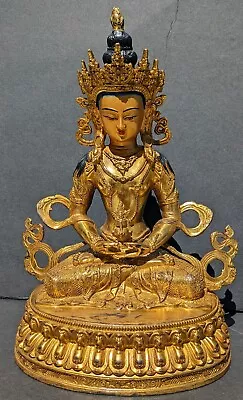 Vintage Tibetan Gilt Bronze Buddha On A Double Lotus Throne. 12” T. • $475