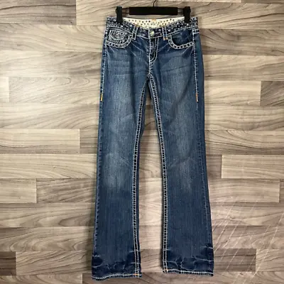 L.A. Idol Bootcut Jeans Women's 3 Juniors Blue Thick Stitch Embellished Mid Rise • $17.93