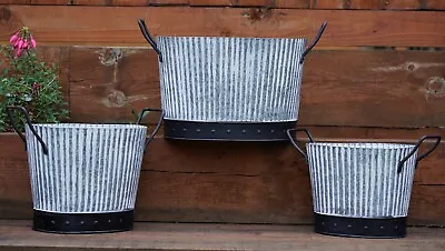 Galvanised Black & White Striped Planter Set 3 | Metal Garden Flower Pot Trough • £21.99