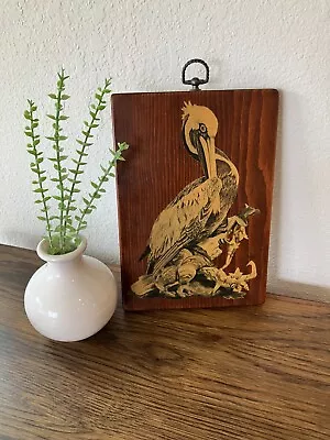 Vintage Wood Plaque Wall Hanging Art Lacquered Pelican On Driftwood 7  X 10  • $15