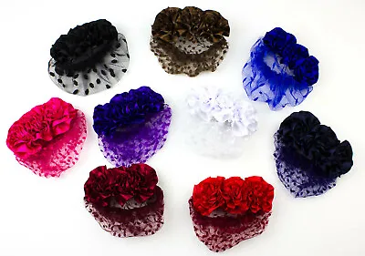 Satin Rosette Flower Barrette Hair Clip With Net Bun Snood -Bun Net French Clip • £4.95