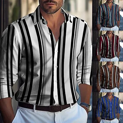 Fashionable Men's Long Sleeve Stripe Button Down T Shirt For Party Dress Up • £18.14