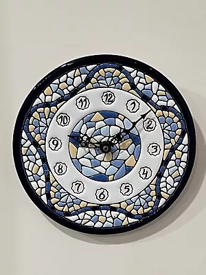 Vtg Cearco Spain Mosaic Round Clock Quartz Movement Tile Blue White Star Works • $39.99