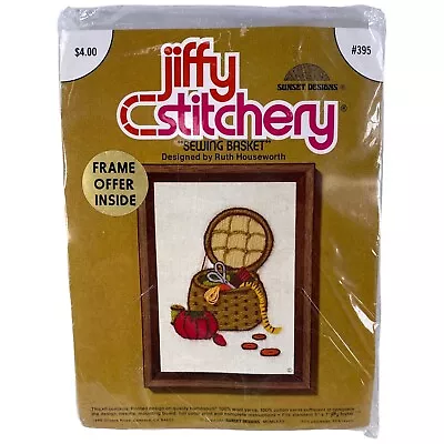 Vintage SEWING BASKET Jiffy Crewel Stitchery Kit #395 5  X 7  Wool Yarn FR/SHIP! • $12.99