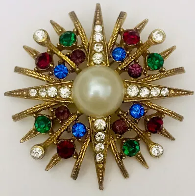 Vintage Multicolor Maltese Cross Pearls And Rhinestone Pin Brooch • $45