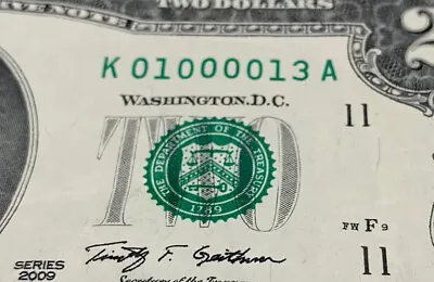 $2 Two Dollar Bill (Trinary/5 Of A Kind 0s) 2009 Series - K01000013 Fancy Serial • $17.77
