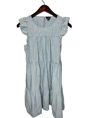 J.Crew Tiered Hem Chambray Dress Mini Ruffle Blue Sleeveless Pockets Women's 6 • $15.60