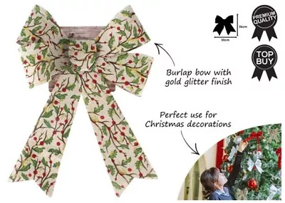 Holly Print Burlap Christmas Gift Bow Decoration • $2.39