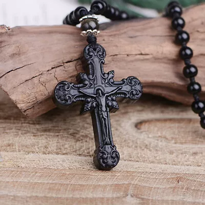 Natural Obsidian Stone Pendant Carved Cross Amulet Lucky Pendant Necklace • £28