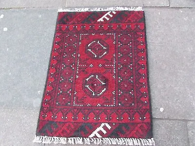 Vintage Hand Made Traditional Rug Oriental Wool Rich Red Small Rug 67x50cm • £40