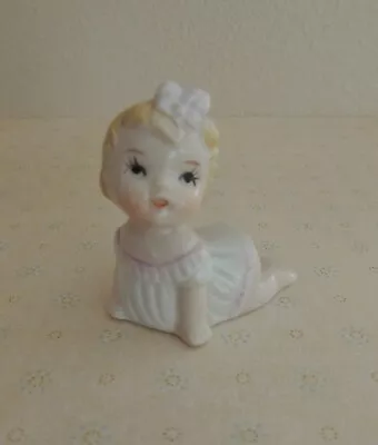 MINIATURE BABY GIRL Figurine Piano Baby Blonde W/ Pink Trim Dress Crawling Baby • $18.95