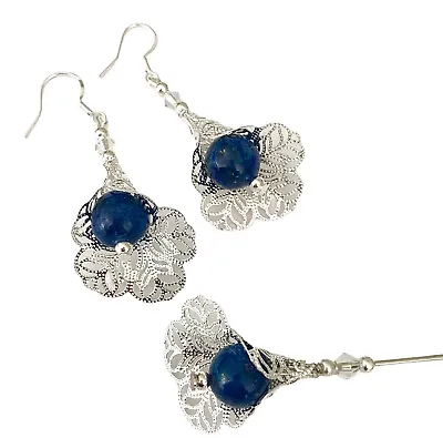 £16.99 • Buy Hat Pin & Earrings Set Lapis Lazuli Antique Silver 5” Long  Ladies Hats Wedding
