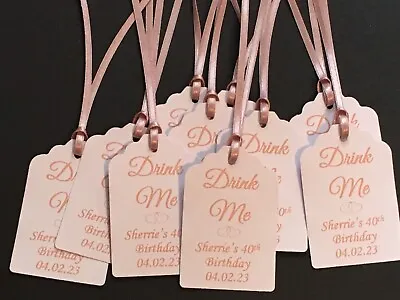 £2.45 • Buy Pack 10 Personalised Rose Gold Drink Me Favour Tags Labels With Matching Ribbon