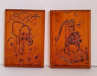 VTG Wood Burned Wall Plaques 2 Hand Made 70's Retro Art Pyography 4.5  X 6.5  • $18.99