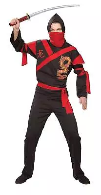 Ninja Dragon Warrior Costume Adults Mens Hooded Black Red Dragon Print Rubies • $52.85